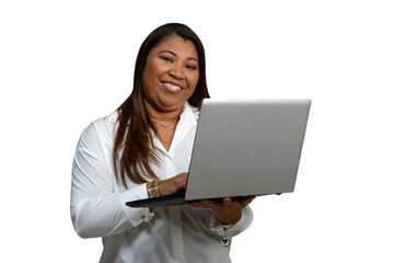 Smiling professional woman holding a laptop