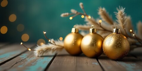 Festive Christmas decorations with golden baubles and glowing lights on wooden table.