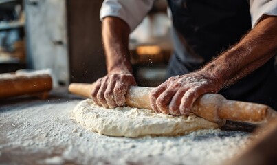 Baker rolls dough meticulously in a cozy kitchen setting