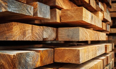 Wooden planks stacked neatly in a lumber yard during daylight