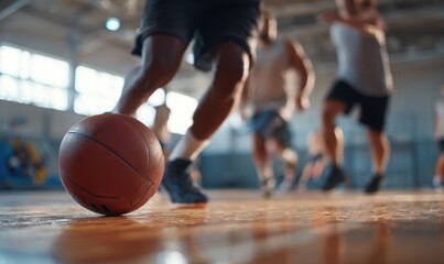 Basketball players competing in an indoor gym during practice