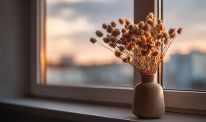 Soft sunlight illuminating dried flowers in a cozy window setting