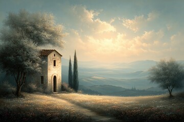 Serene countryside landscape with a small house at sunset in Italy's rolling hills