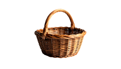 Rustic wicker basket with handle, isolated on black