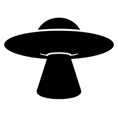 Black silhouette of classic flying saucer with a bright beam of light
