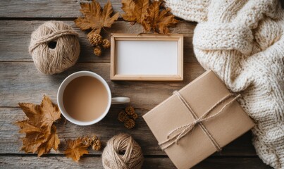 Cozy fall arrangement with coffee, leaves, and handmade gifts
