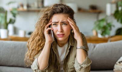 Concerned woman on phone in cozy living room during afternoon