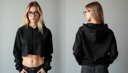 Naklejka na ściany i meble Blond woman wearing black crop top hoodie. Female model in glasses posing in front and back view. Young adult in casual black clothing and jeans stands on gray background.