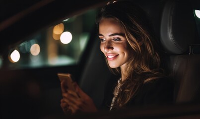 Young woman smiles while using smartphone in car at night
