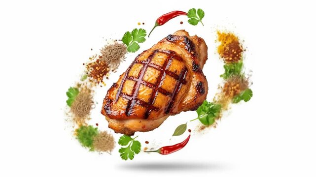 A grilled piece of meat, seasoned with spices, herbs, and chili peppers, is suspended on a white background