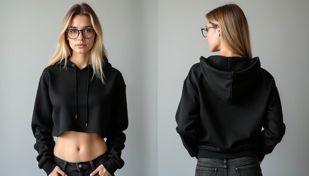 Blond woman wearing black crop top hoodie. Female model in glasses posing in front and back view. Young adult in casual black clothing and jeans stands on gray background.