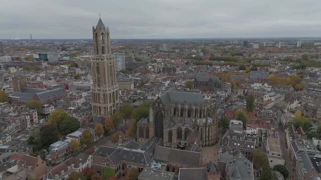 Drone Aerial View of the Dom Tower and Dom Church in Utrecht, Netherlands