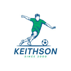 Dynamic soccer player in action kicking ball with modern athletic design and brand text KEITHSON