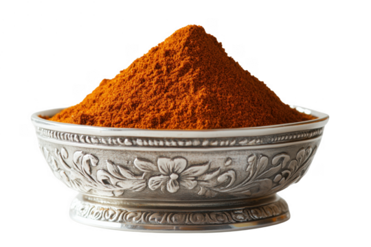 Orange spice powder in ornate bowl isolated on a transparent background - Powered by Adobe