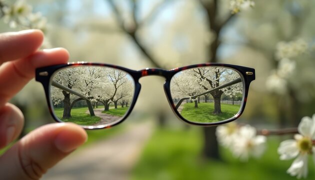Hand holds myopia glasses with clear spring garden view. Trees reflect in corrective lenses. Healthcare concept with eyesight correction, optic focus, eye wellness. Spectacles for better vision with
