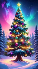 Decorated festive evergreen on snow, glowing lights, night sky backdrop