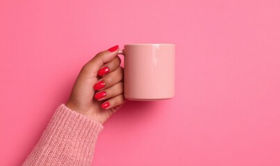 Hand holding a pink coffee mug against a pink background