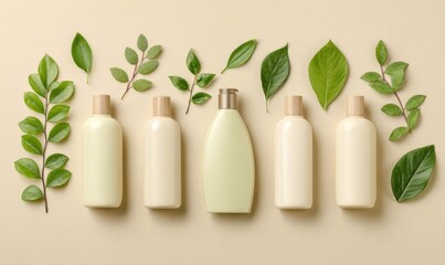 Elegant arrangement of skincare bottles and fresh green leaves