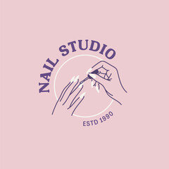 Chic nail studio logo design for beauty salon branding, showcasing elegant hands applying polish.