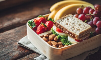 Healthy lunch box with sandwich, fruits, and nuts on wooden table