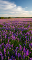 Fototapeta premium Vibrant Purple Flower Field Under a Blue Sky with Distant Hills