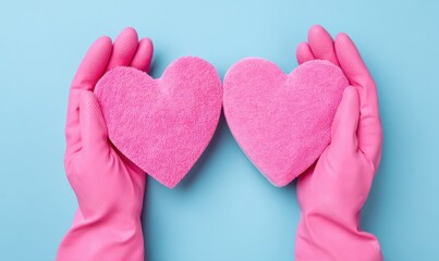 Hands holding pink heart sponges against a blue background