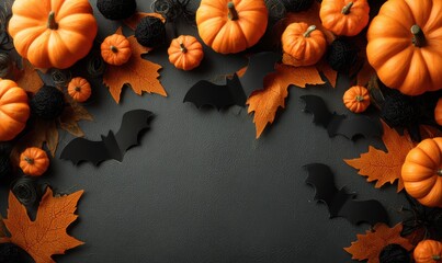 Decorative arrangement of pumpkins and bats for Halloween celebration