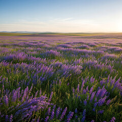 Fototapeta premium Sweeping Purple Flower Field at Sunset with Rolling Hills and Clear Sky