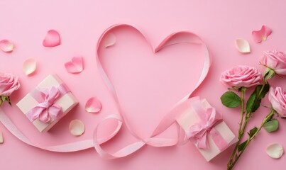 Gifts and roses create a romantic heart shape on a pink background