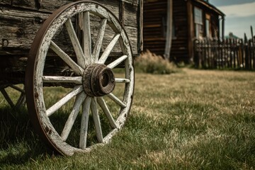 Fototapeta premium Timeworn Wooden Wagon Wheel in a Quaint Town Setting, Echoes of the Old West and Ghostly Charm on Lush Grass