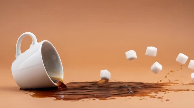 A white mug tips, spilling coffee on a surface. Sugar cubes appear to be mid-air, around the coffee. Warm backdrop