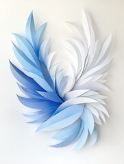 Obraz premium Abstract white and blue paper art sculpture of two leaves inspired by an eagle wing shape on a white background with gradient colors