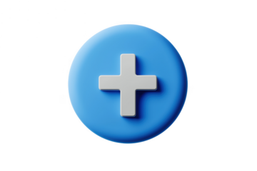 Blue circle with white plus symbol isolated on a transparent background