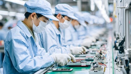 Dedicated factory workers in protective gear are meticulously assembling microchips and electronic gadgets on a sophisticated production belt, symbolizing global technological development and precisio