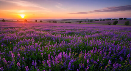 Fototapeta premium Vibrant Purple Flower Field Bathed in Warm Golden Sunset Light