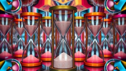 Fototapeta premium Colorful overlapping hourglasses with upward-flowing sand, depicting the unique perception of time in ADHD.