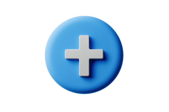 Blue circle with white plus symbol isolated on a transparent background