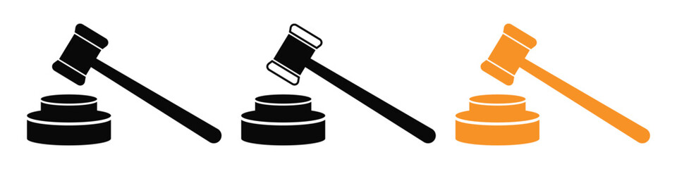 Three Gavel Icon Set – Law, Justice, and Court Symbol Vector Illustration.