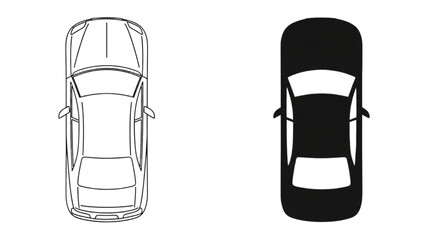 Minimalist graphic top view car icons showcasing outline and solid silhouette illustrations for transportation design