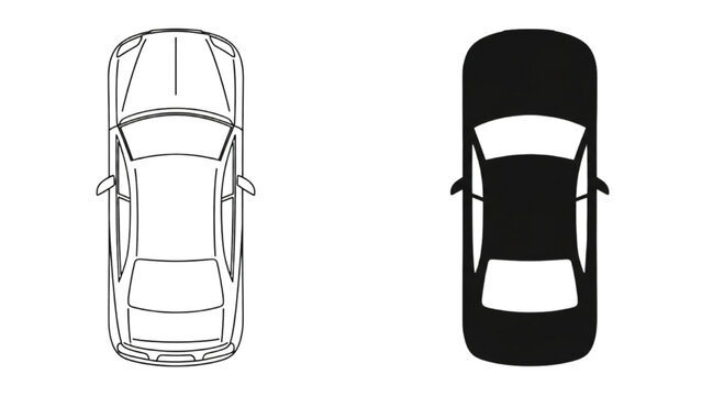 Minimalist graphic top view car icons showcasing outline and solid silhouette illustrations for transportation design