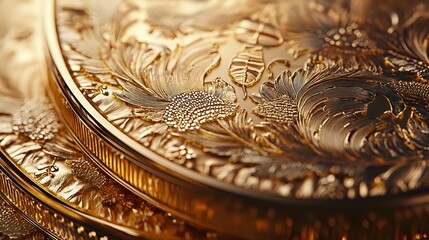 Ornate vintage pocket watch case with intricate floral engraving pattern in golden bronze tones, showing detailed metalwork craftsmanship in macro photography.