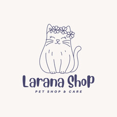 Charming cat logo design with floral crown for pet shop branding and veterinary services