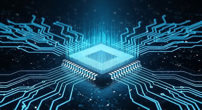 Glowing blue circuit board with central processor and light beams technology computer