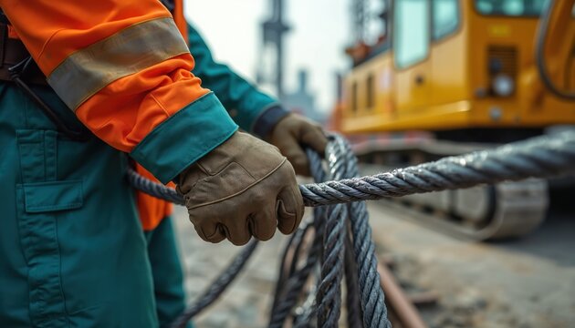 Construction worker in safety clothes holds thick steel cable firmly. Man wears protective gloves, high-vis orange jacket at job site. Big machinery operates in background. Hard industry work,