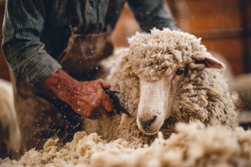 Naklejka premium Farmer shearing sheep for wool in shed