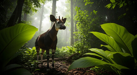 Majestic okapi stands alert in lush dense tropical rainforest surrounded by vibrant green foliage and soft natural light