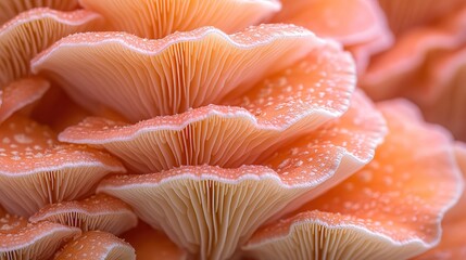 Pink Oyster Mushrooms in Close - up With Ruffled Gills and Soft Hues