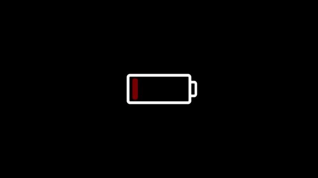 A warning message with flashing battery symbol about low battery power on black background. low battery charging icon loop animated with alpha channel.