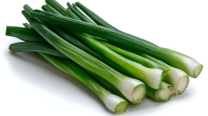 Obraz premium Fresh green onions with white bulbs and long stems isolated on white background, raw organic scallions for cooking and garnishing.