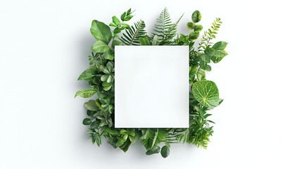 Green tropical leaves and ferns creating natural frame around white square space on white background, isolated botanical border for creative design layout.